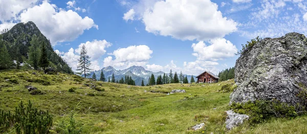Pastoral dağ manzarası Alpleri'nde: Mountain chalet, çayırlar