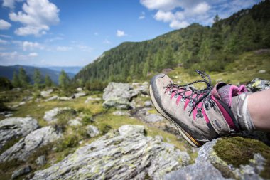 Ön planda, bl pastoral dağ manzarası Alp çizmeler