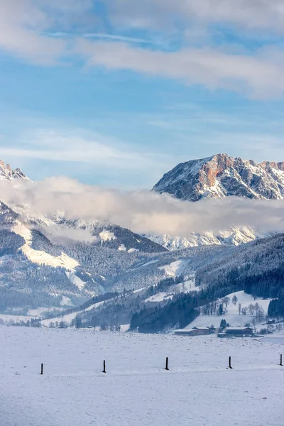 Снігові гори, луг і паркан, краєвид в Австрії, панорам — стокове фото