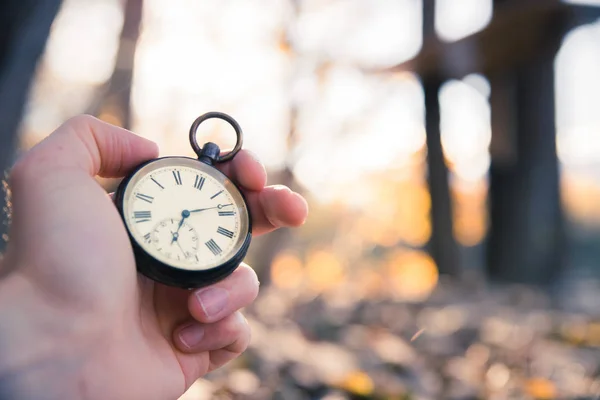Zeit vergeht: Vintage-Uhr im Freien, Handheld; Holz und Blätter — Stockfoto