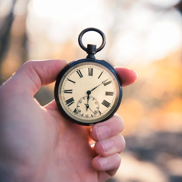 Zeit vergeht: Vintage-Uhr im Freien, Handheld; Holz und Blätter — Stockfoto