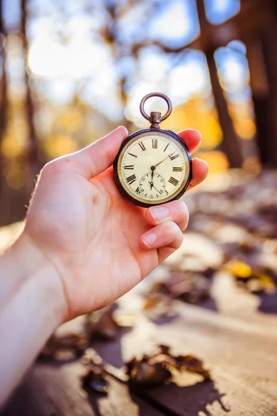 Čas plyne: vintage hodinky venku, ruční; dřevo a listy — Stock fotografie