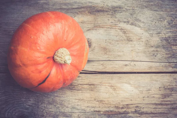 Otoño y cosecha: La calabaza está acostada en una mesa rústica de madera — Foto de Stock