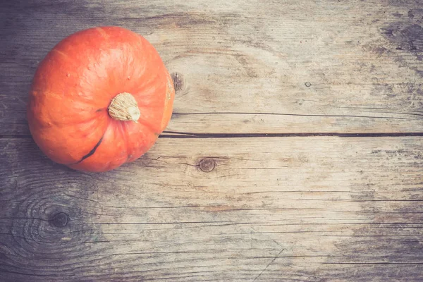 Otoño y cosecha: La calabaza está acostada en una mesa rústica de madera — Foto de Stock