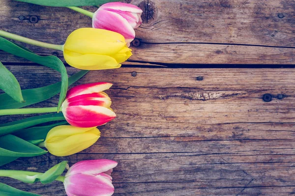 Arranjo de tulipas coloridas em uma mesa de madeira rústica, texto sp — Fotografia de Stock