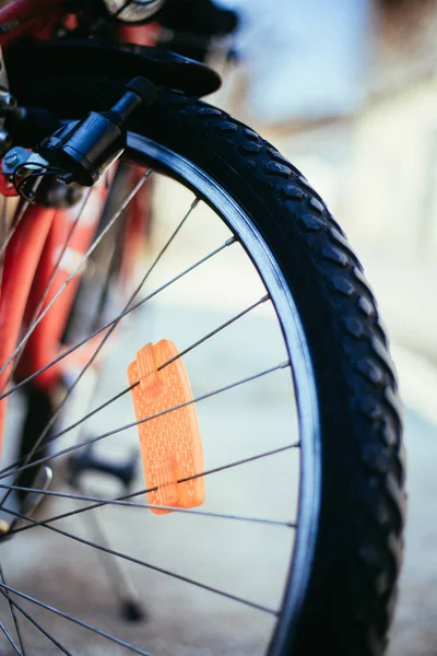 Neumáticos para bicicletas de montaña fuera, día de verano, movilidad urbana —  Fotos de Stock