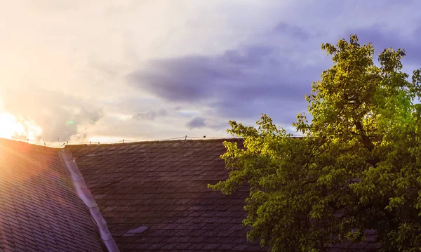Napfénytől és a régi ház, napsugarak és a fa — Stock Fotó