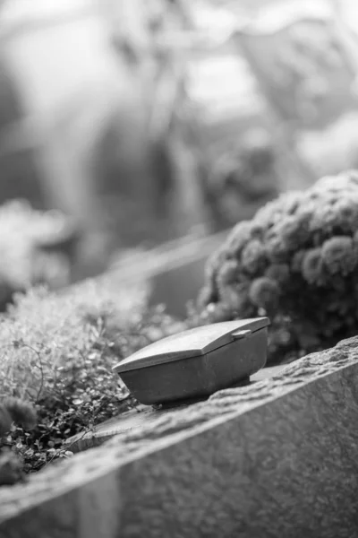 철 그릇에 거룩한 물, 묘지, 꽃 — 스톡 사진