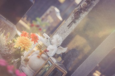 Mezarlıkta Marmoreal beyaz Angel, keder, güneş ışığı