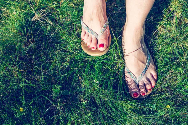 Summertime: Flip flops or sandals in the green grass — Stock Photo, Image