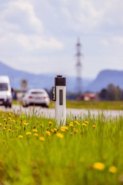 Road in the summer: reflector post, cars, flowers and green gras clipart