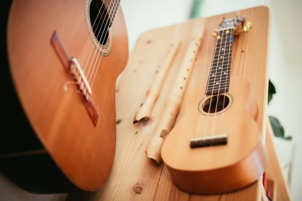 Ukulele : Gros plan d'un ukulele, prêt à jouer, accroché à un woo — Photo