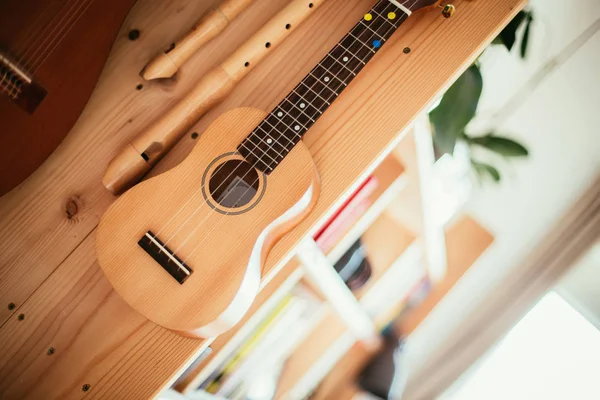 Ukulele : Gros plan sur ukulélé et flûtes, prêt à jouer, suspendu — Photo