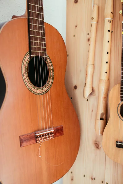 Ukulele : Gros plan d'un ukulele, prêt à jouer, accroché à un woo — Photo