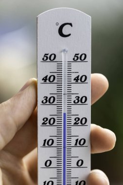 Heatwave: Bulanık bir arka plan üzerinde yaz aylarında Termometre, ısı