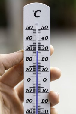 Heatwave: Bulanık bir arka plan üzerinde yaz aylarında Termometre, ısı