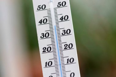 Heatwave: Bulanık bir arka plan üzerinde yaz aylarında Termometre, ısı