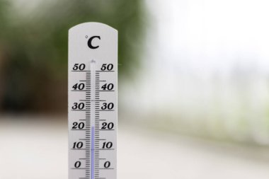 Heatwave: Bulanık bir arka plan üzerinde yaz aylarında Termometre, ısı