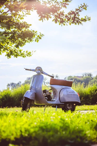 Cultura juvenil de verano: Scooter azul está aparcando en el prado —  Fotos de Stock