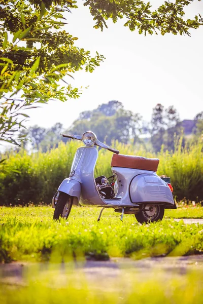 Cultura juvenil de verano: Scooter azul está aparcando en el prado —  Fotos de Stock