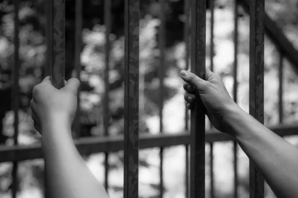 Gevangeniscel: Close-up van handen in de gevangenis — Stockfoto