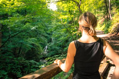 pastoral bir ormanda yürüyüş: genç kız ahşap üzerinde duruyor 