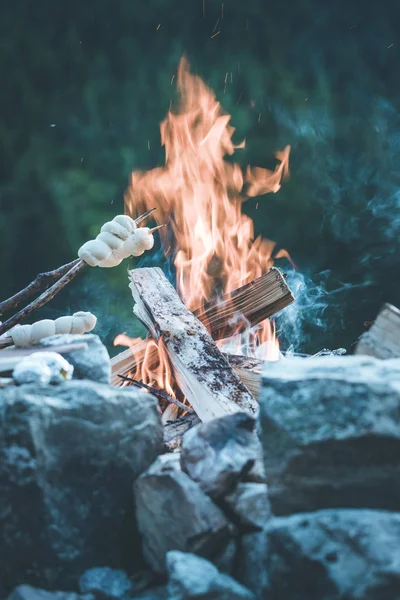 Memanggang roti di atas api: Barbekyu di luar ruangan dengan api unggun — Stok Foto