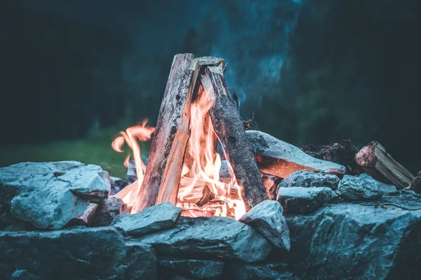 Yaz aylarında sarı ve kırmızı alevler ile şenlik ateşi kamp, orman. Co