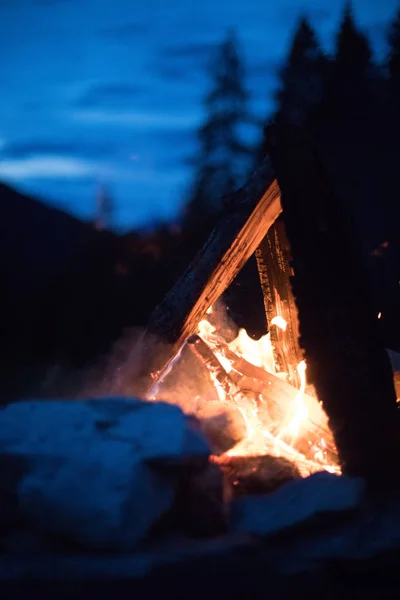 Camping feu de joie avec des flammes jaunes et rouges en été, forêt. Co — Photo