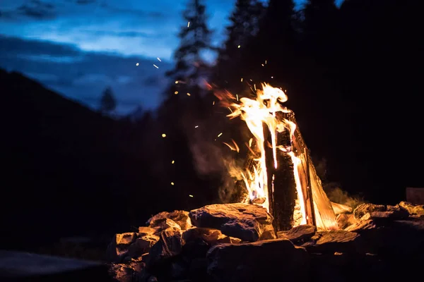 Lagerfeuer mit gelben und roten Flammen im Sommer, Wald. co — Stockfoto