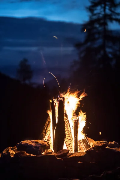 Camping feu de joie avec des flammes jaunes et rouges en été, forêt. Co — Photo
