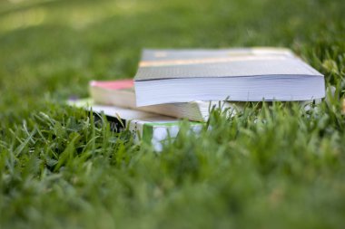 Doğa arkaplanı üzerine kitapları olan yığın