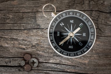 Ahşap arkaplanda eski pusula