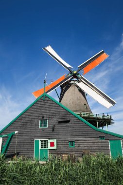  Hollanda 'da yel değirmeni ve mavi gökyüzü