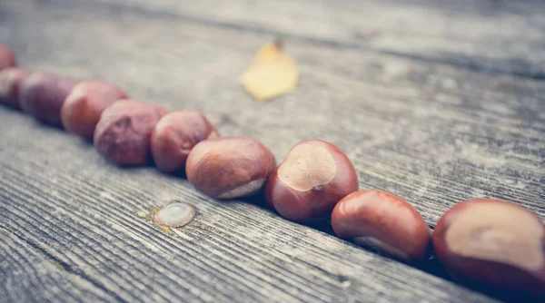 Castañas Hojas Otoño Sobre Mesa Madera —  Fotos de Stock