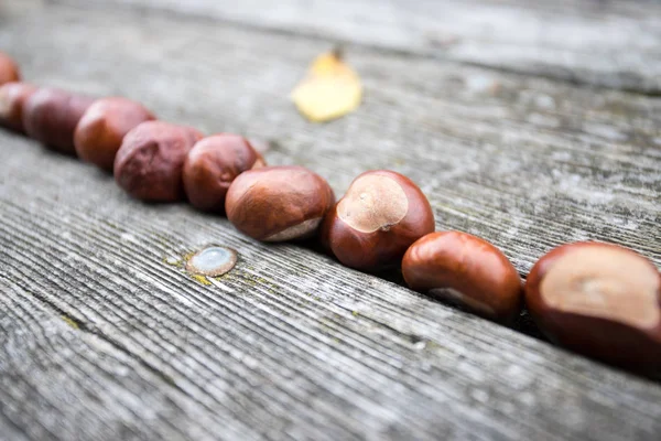 Castañas Hojas Otoño Sobre Mesa Madera —  Fotos de Stock