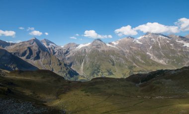 Alp manzara: çayır, orman, dağlar ve mavi gökyüzü