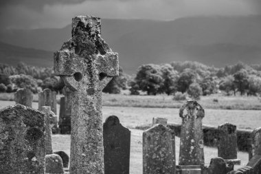 Mezarlıktaki eski mezar taşları, kapatın.