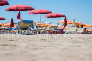 Sahilde şemsiyeler ve güneş yatakları.