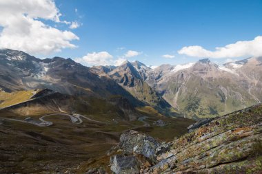 Alp manzara: çayır, orman, dağlar ve mavi gökyüzü