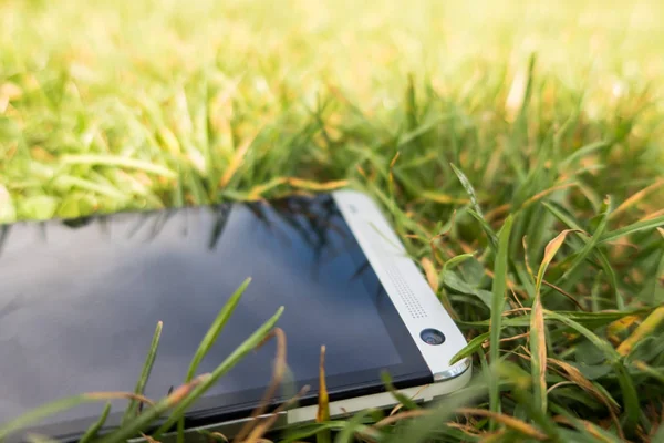 close up of phone in green grass