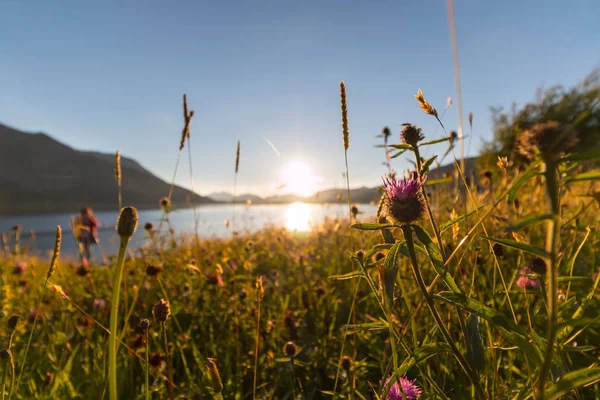 Hermosa Puesta Sol Sobre Fondo Del Lago — Foto de Stock