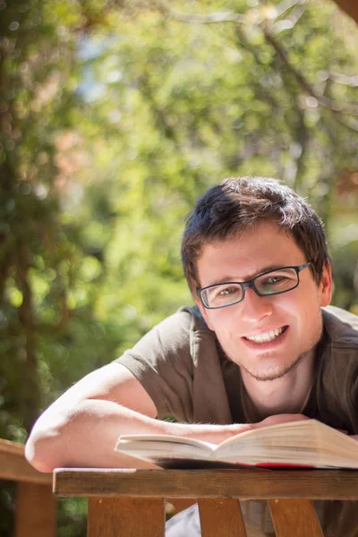 Handsome Man Reading Book Park — Stock Photo, Image