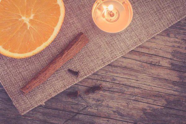 Orange Candle Cinnamon Anise Wooden Background — Stock Photo, Image
