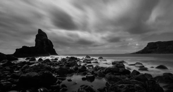 rocky coast of the sea ,black and white