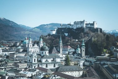 İlkbaharda Salzburg tarihi bölgesi, yeşil yapraklar ve güneş ışığı, Avusturya