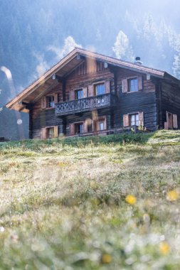 Dağlarda ahşap bir ev.