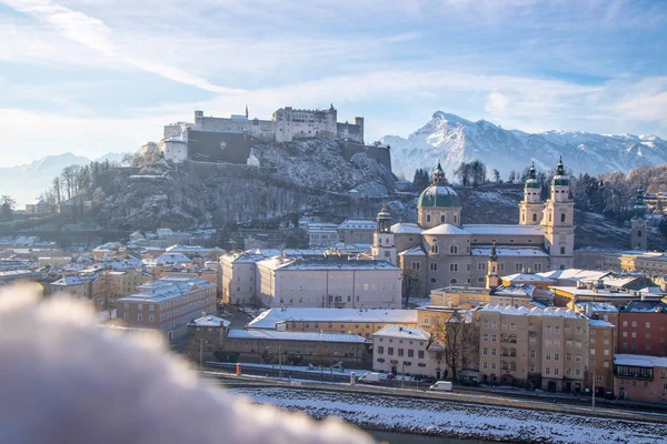 Salzburgo Cidade Velha Época Natal Nevado Noite Áustria — Fotografia de Stock