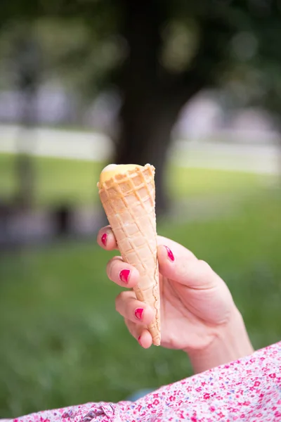 Woman Holding Delicious Ice Cream Wafer Cone — Stock Photo, Image