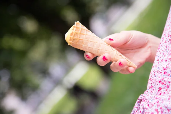 Woman Holding Delicious Ice Cream Wafer Cone — Stock Photo, Image